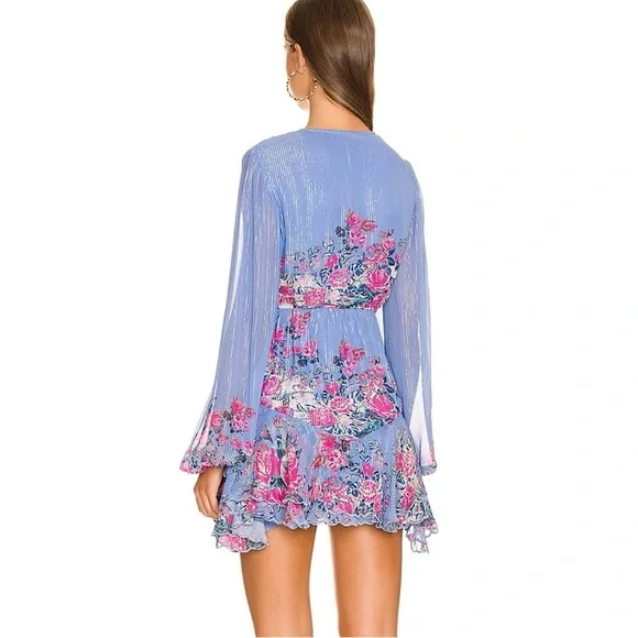 NWT Hemant & Nandita Mila Floral Metallic Stripe Dress Stone Blue L Valentines - Picture 3 of 16